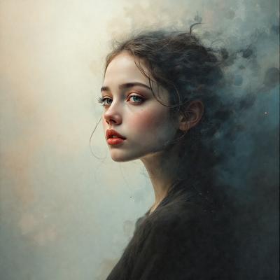 The primary subject of the image is a woman with long hair, wearing a black shirt. She is looking at the camera with a pouty expression. The setting is a room with a blue background, and the visual style is a painting. The colors in the painting are predominantly blue and white, creating a calm and serene atmosphere.
